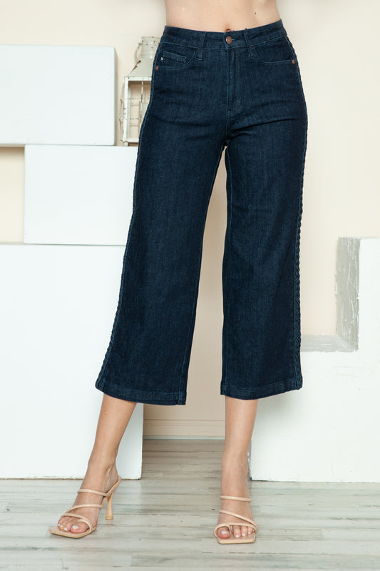 Judy Blue Side Seam Braid Detail High Rise Crop Wide Leg Jeans