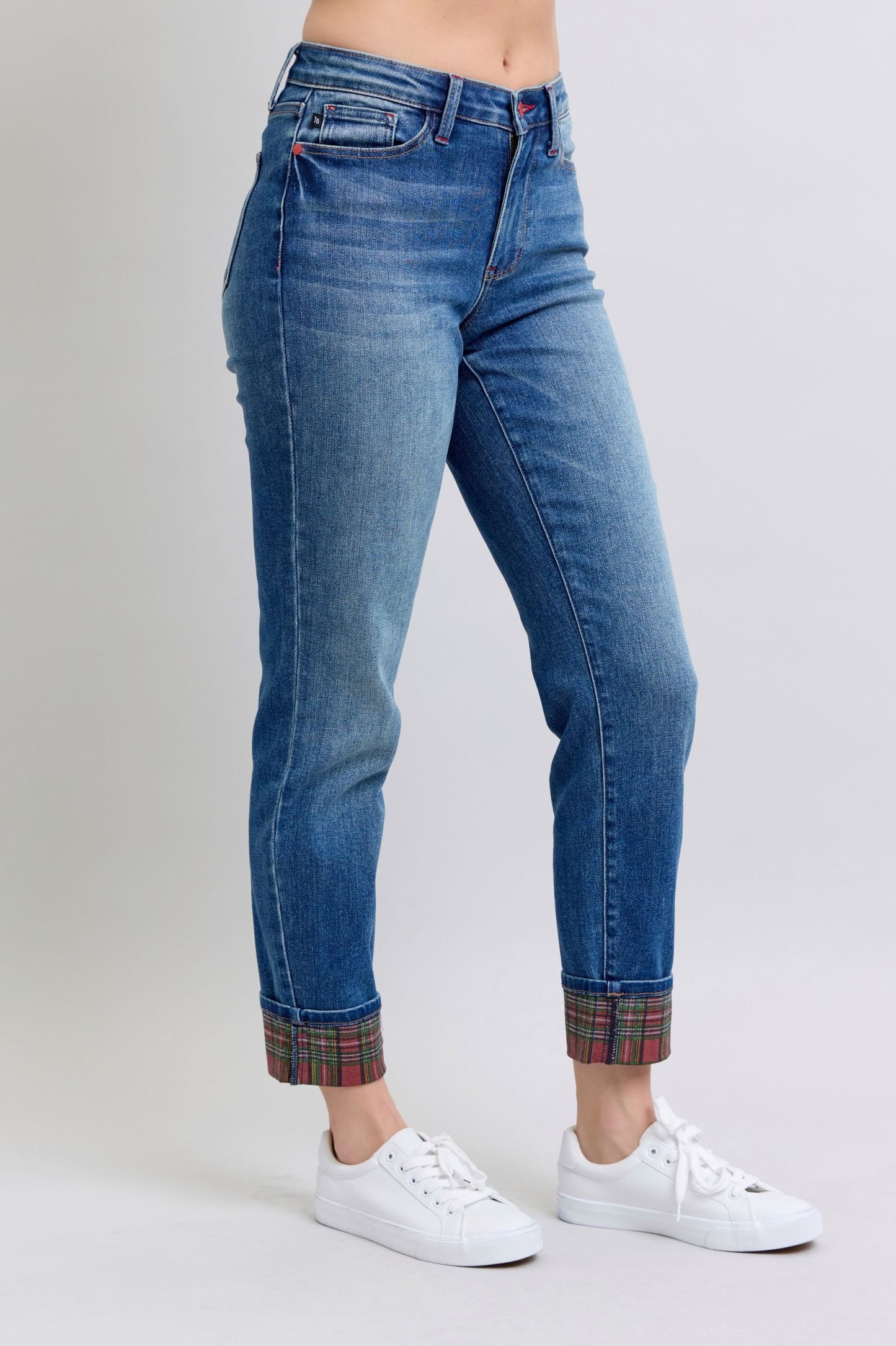 Judy Blue Mid Rise Plaid Print Cuff Straight Leg Jeans