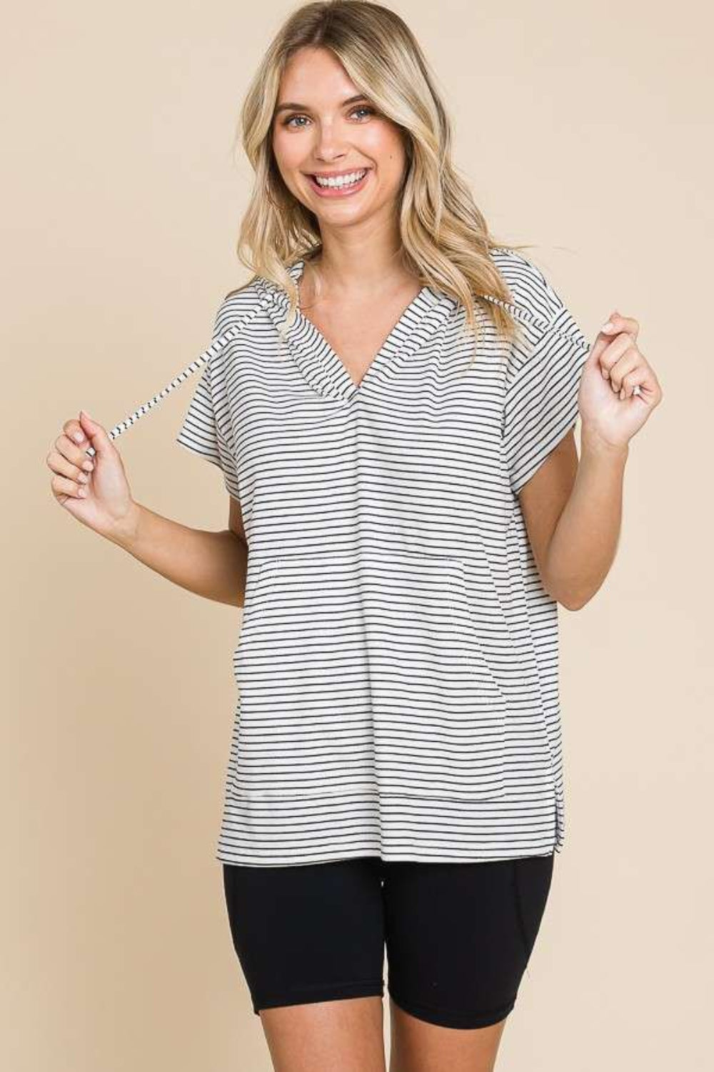 Striped Short Sleeve Hooded Top