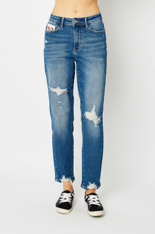 Judy Blue Queen of Hearts Distressed High Waist Boyfriend Jeans