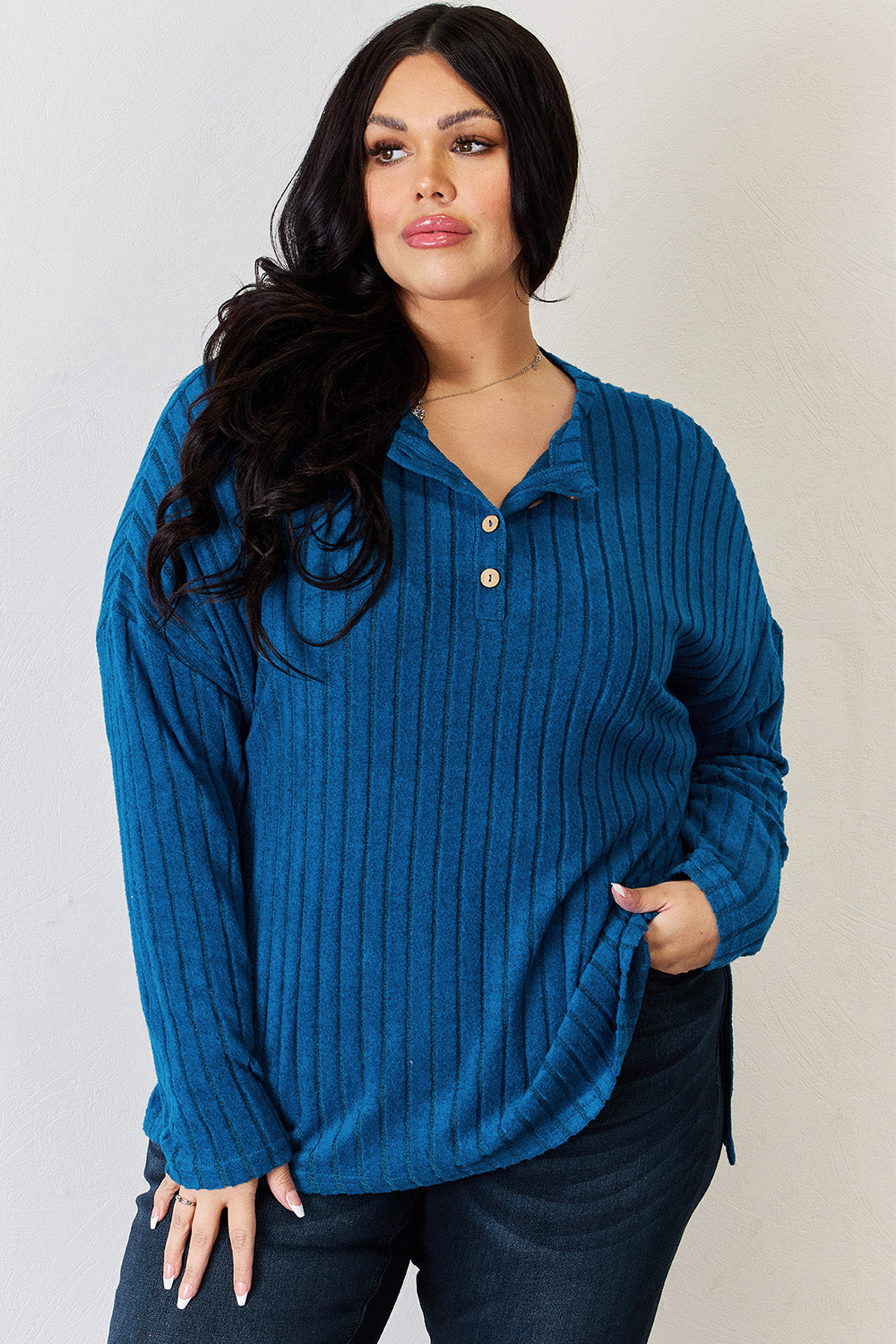 Ribbed Half Button Long Sleeve High-Low T-Shirt - 5 Colors