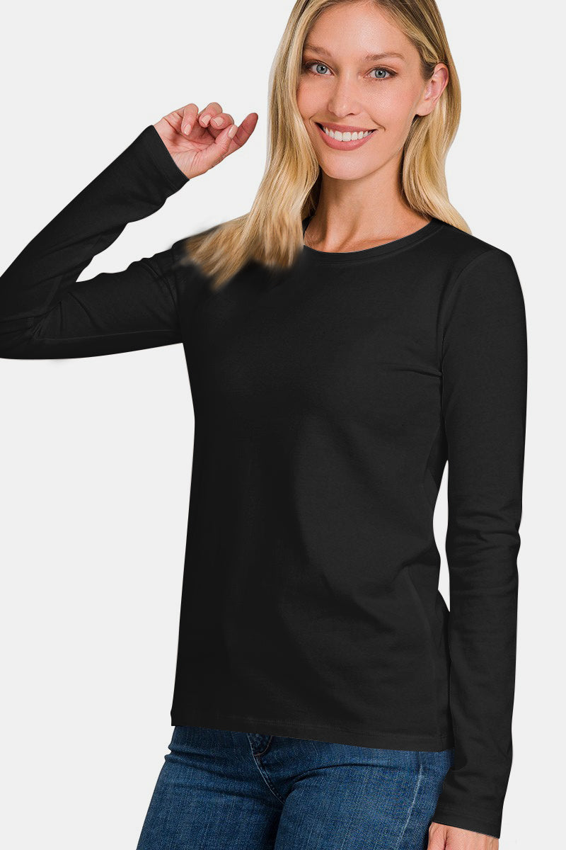 Solid Color Round Neck Long Sleeve T-Shirt - Black