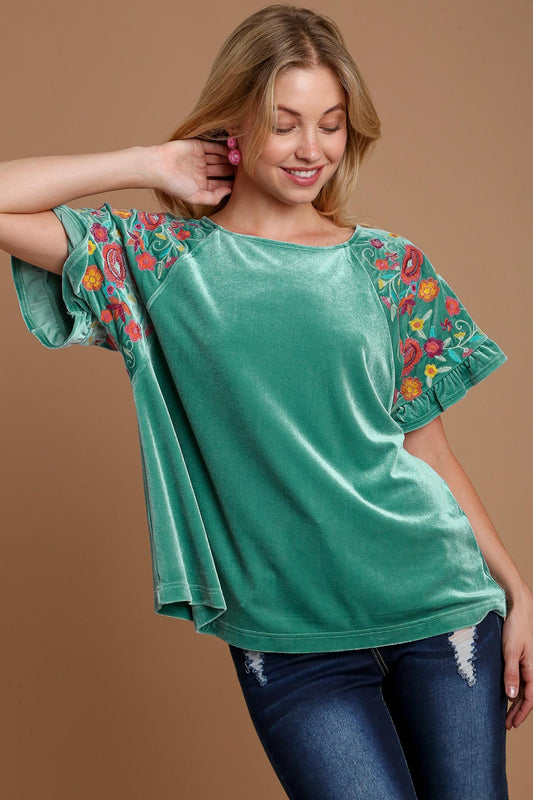 Velvet Embroidery Short Sleeve Blouse - Turquoise