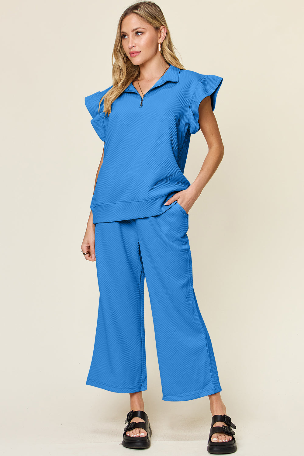 Texture Ruffle Short Sleeve Top and Drawstring Wide Leg Pants Set - 11 Colors