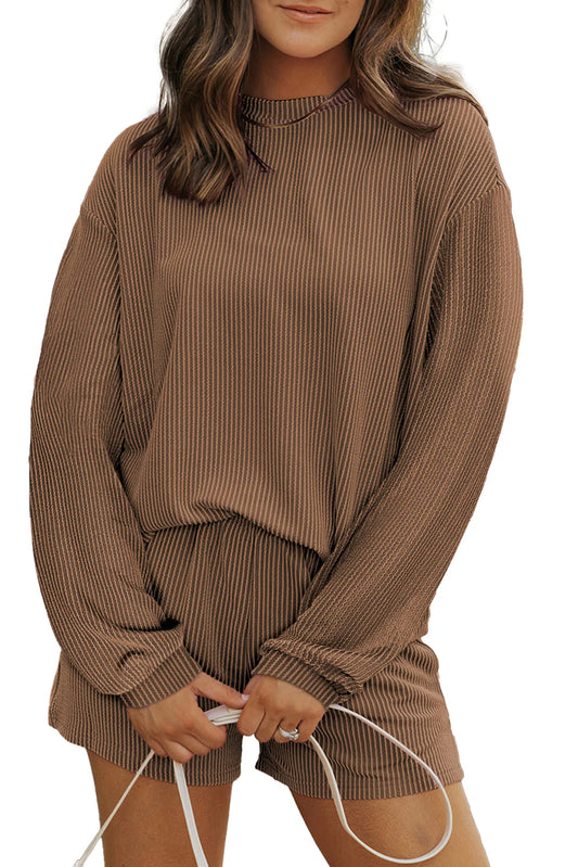 Corded Long Sleeve Top and Shorts Set - 4 Colors