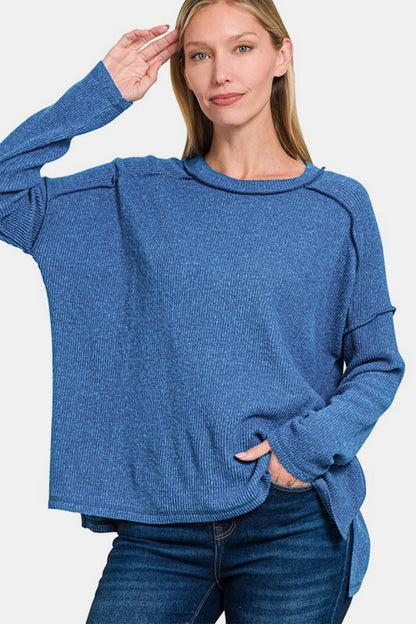 Exposed Seam Brushed Round Neck Sweater - Navy