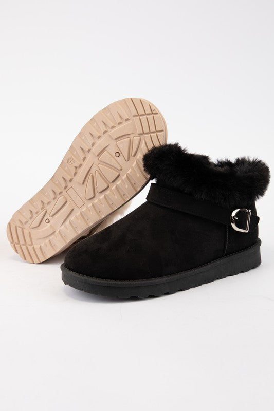 Faux-Fur Buckle Round Toe Booties