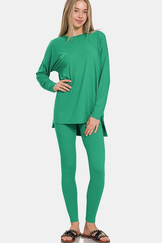 Brushed Microfiber Top and Leggings Lounge Set - Kelly Green