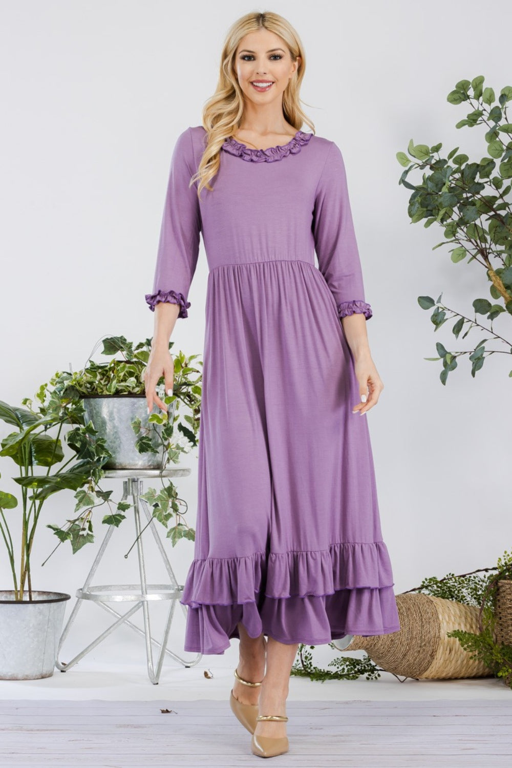 Layered Ruffle Hem Dress with Pockets - Lilac