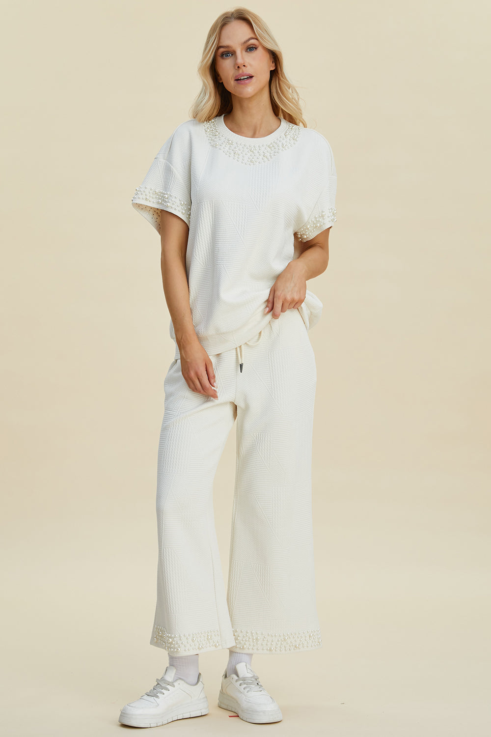 Pearl Detail Round Neck Top and Pants Set - 3 Colors