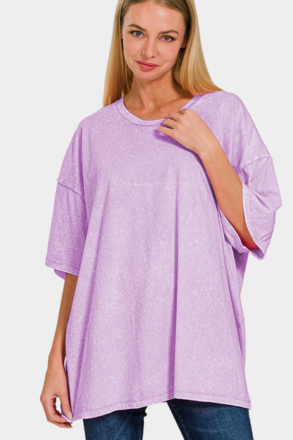 Washed Round Neck Drop Shoulder Oversized T-Shirt - Pink Purple