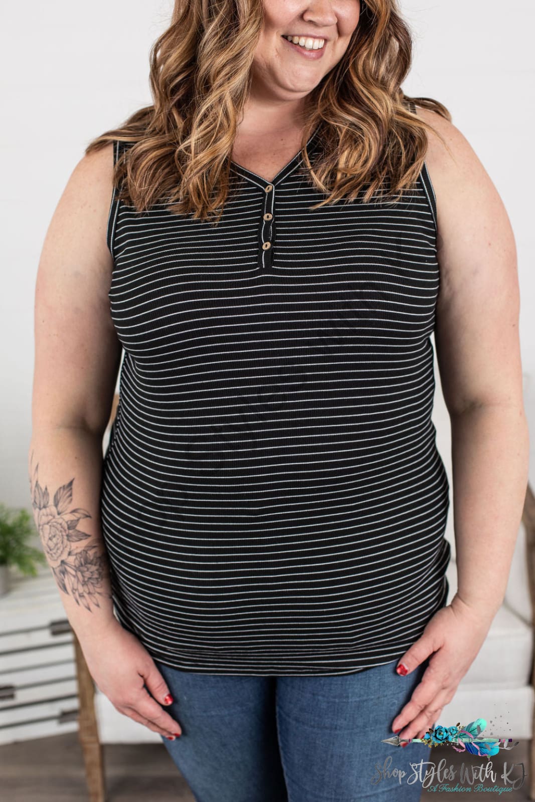 Addison Henley Tank - Black W/white Stripes Shirts & Tops
