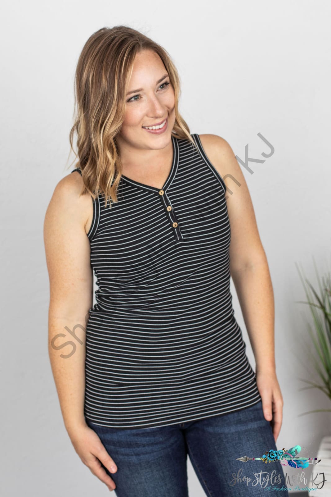 Addison Henley Tank - Black W/white Stripes Shirts & Tops