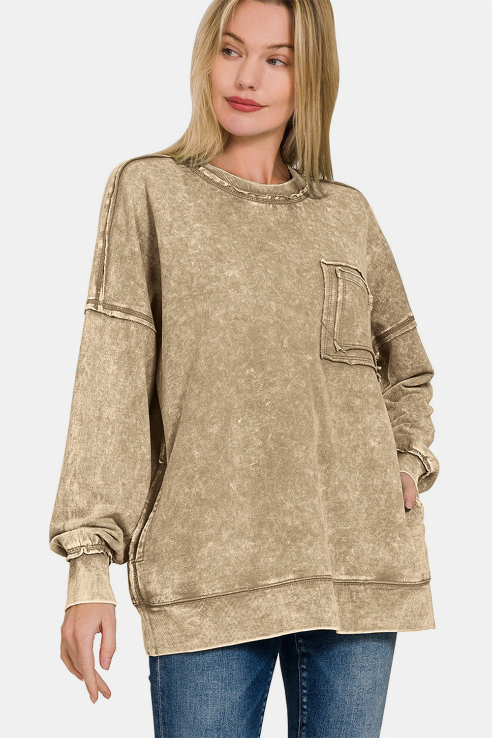 Exposed Seam Round Neck Dropped Shoulder Sweatshirt - Mocha