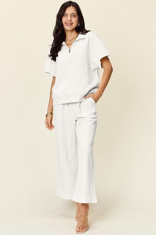 Texture Half Zip Short Sleeve Top and Pants Set - 6 Colors