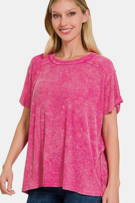 Washed Ribbed Short Sleeve Top - Hot Pink