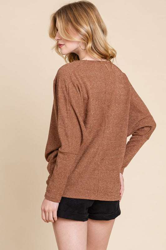 Drop Shoulder Long Sleeve Knit Top - Camel