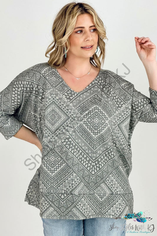 Aliza Aztec Print French Terry V Neck Top Sage / S Blouses