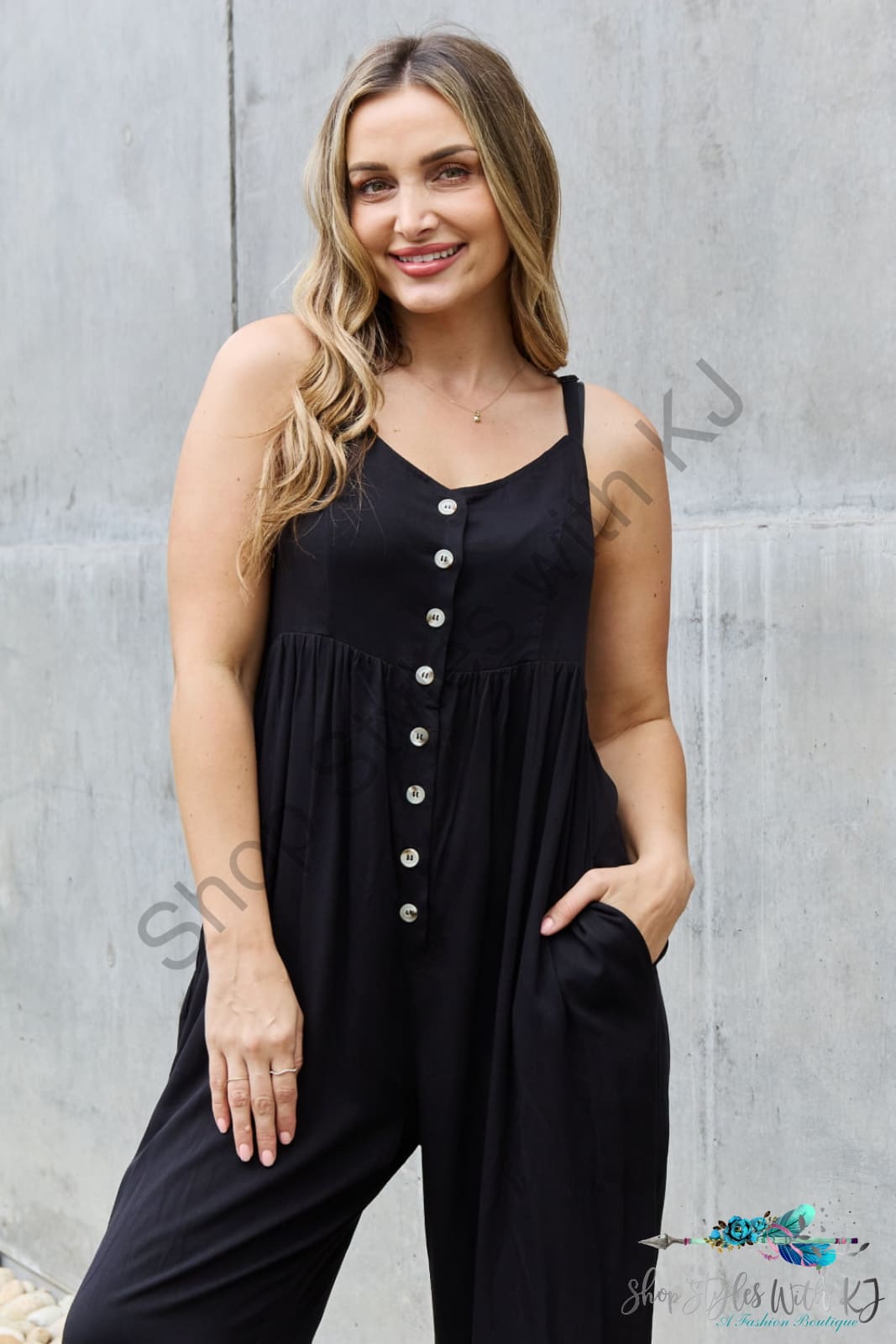 Heyson All Day Full Size Wide Leg Button Down Jumpsuit In Black