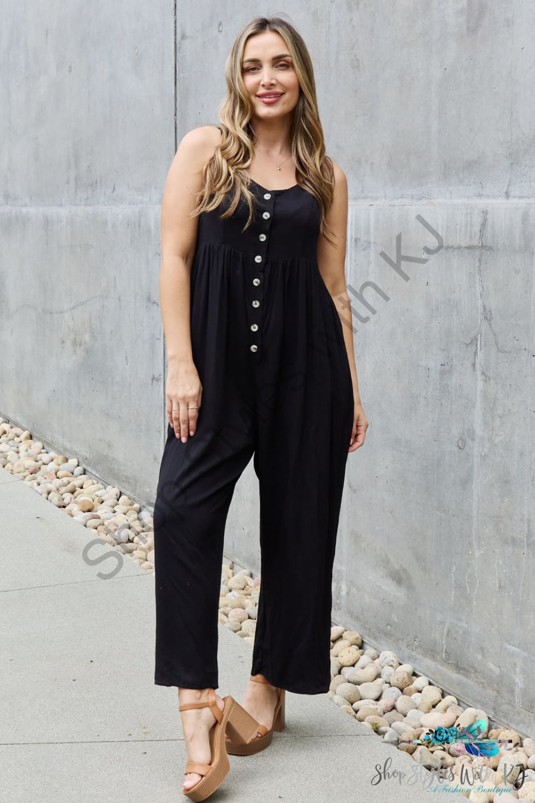 Heyson All Day Full Size Wide Leg Button Down Jumpsuit In Black / S
