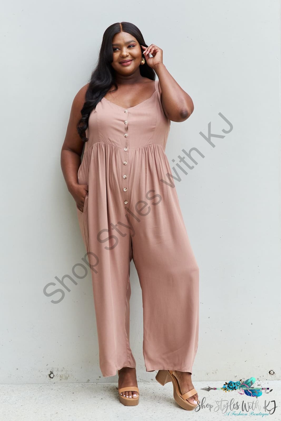 All Day Wide Leg Button Down Jumpsuit In Mocha Jumpsuits & Rompers