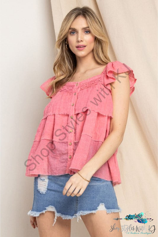 Ayla Buttoned Ruffled Top Strawberry / S Shirts & Tops