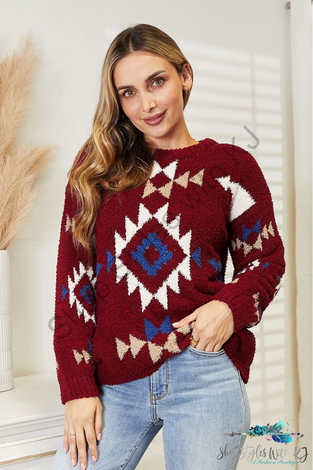 Heyson Full Size Aztec Soft Fuzzy Sweater