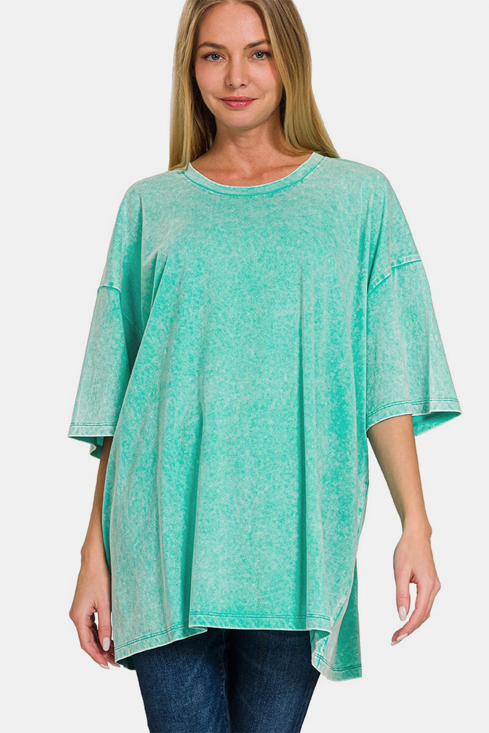 Washed Round Neck Drop Shoulder Oversized T-Shirt - Turquoise