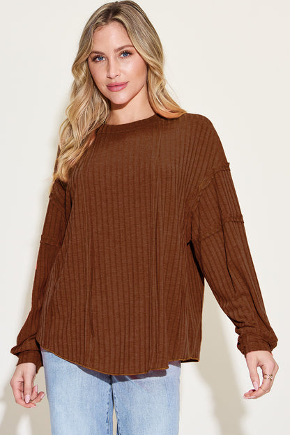 Ribbed Round Neck Long Sleeve T-Shirt - 8 Colors