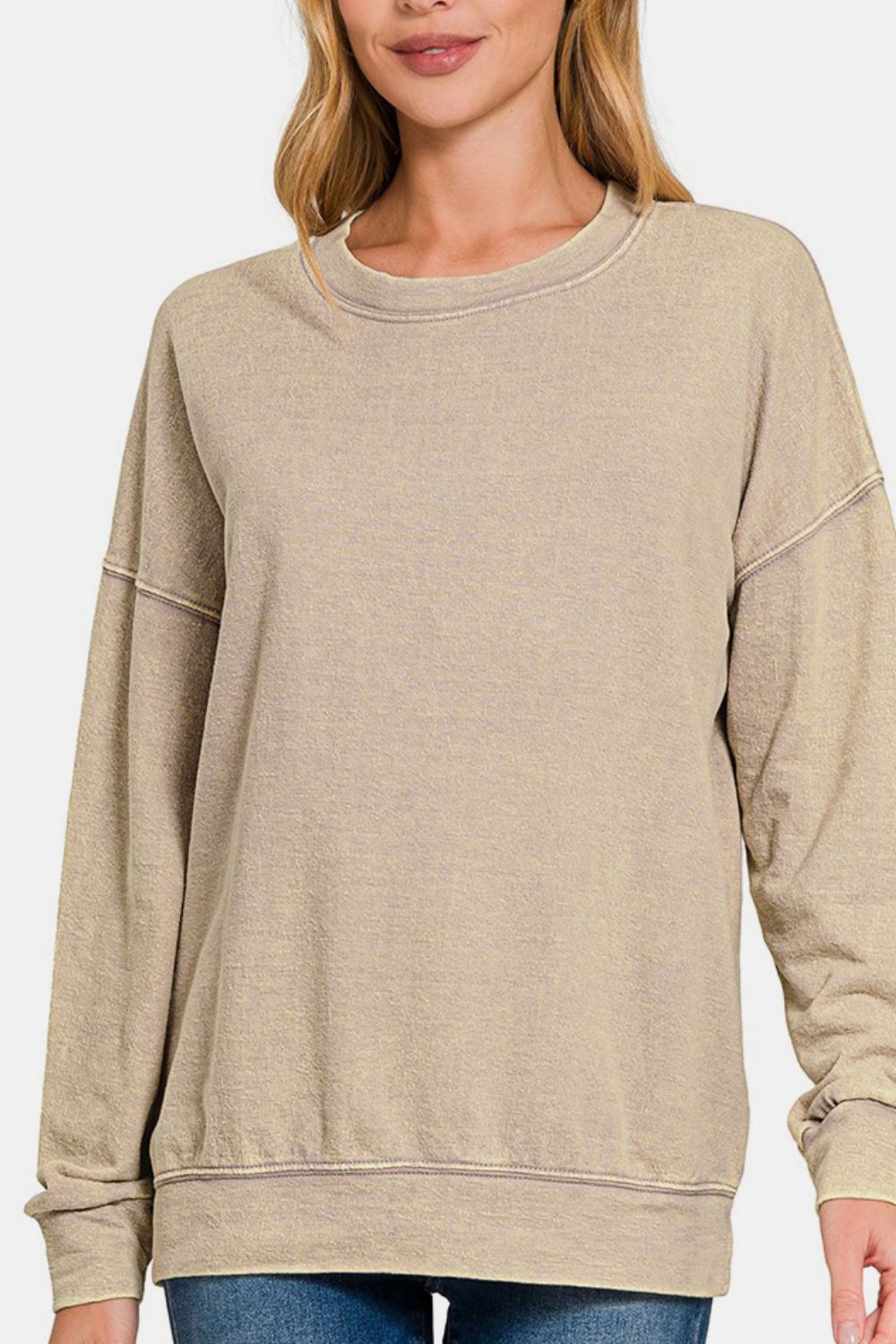 Washed Round Neck Dropped Shoulder Sweatshirt - Khaki