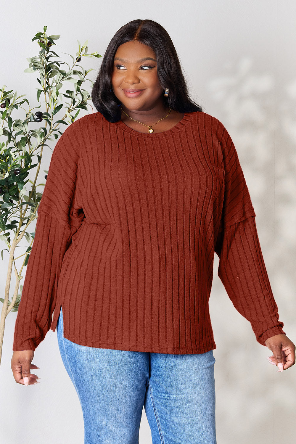 Ribbed Round Neck Slit Knit Top - 5 Colors