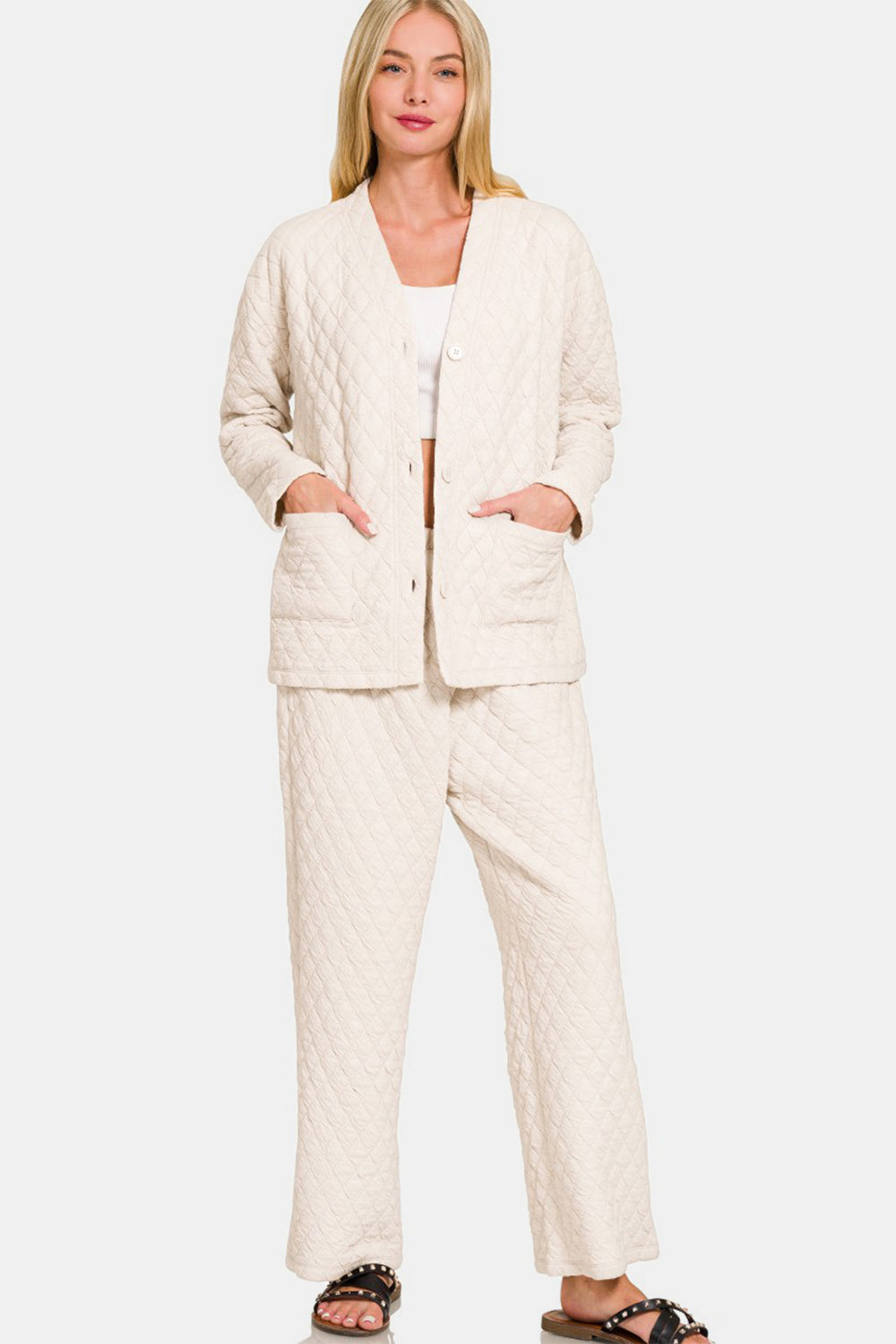 Quilted Button Up Long Sleeve Top and Pants Lounge Set - Beige