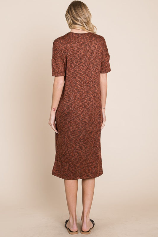 Round Neck Midi Dress with Slit - Rust