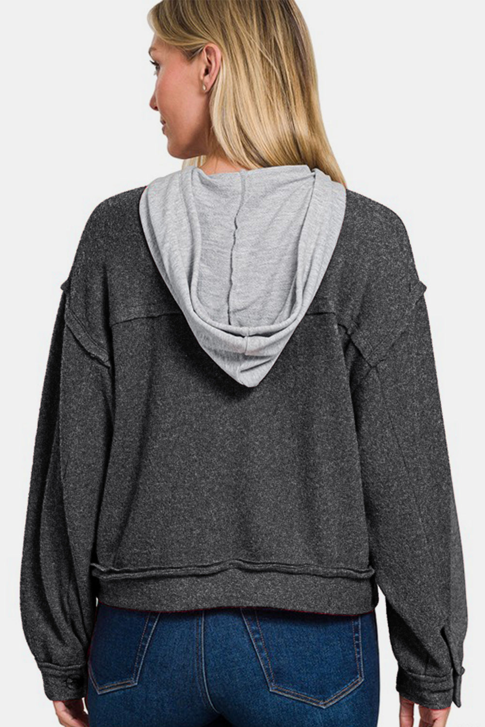 Brushed Hacci Button Down Drawstring Hooded Shacket