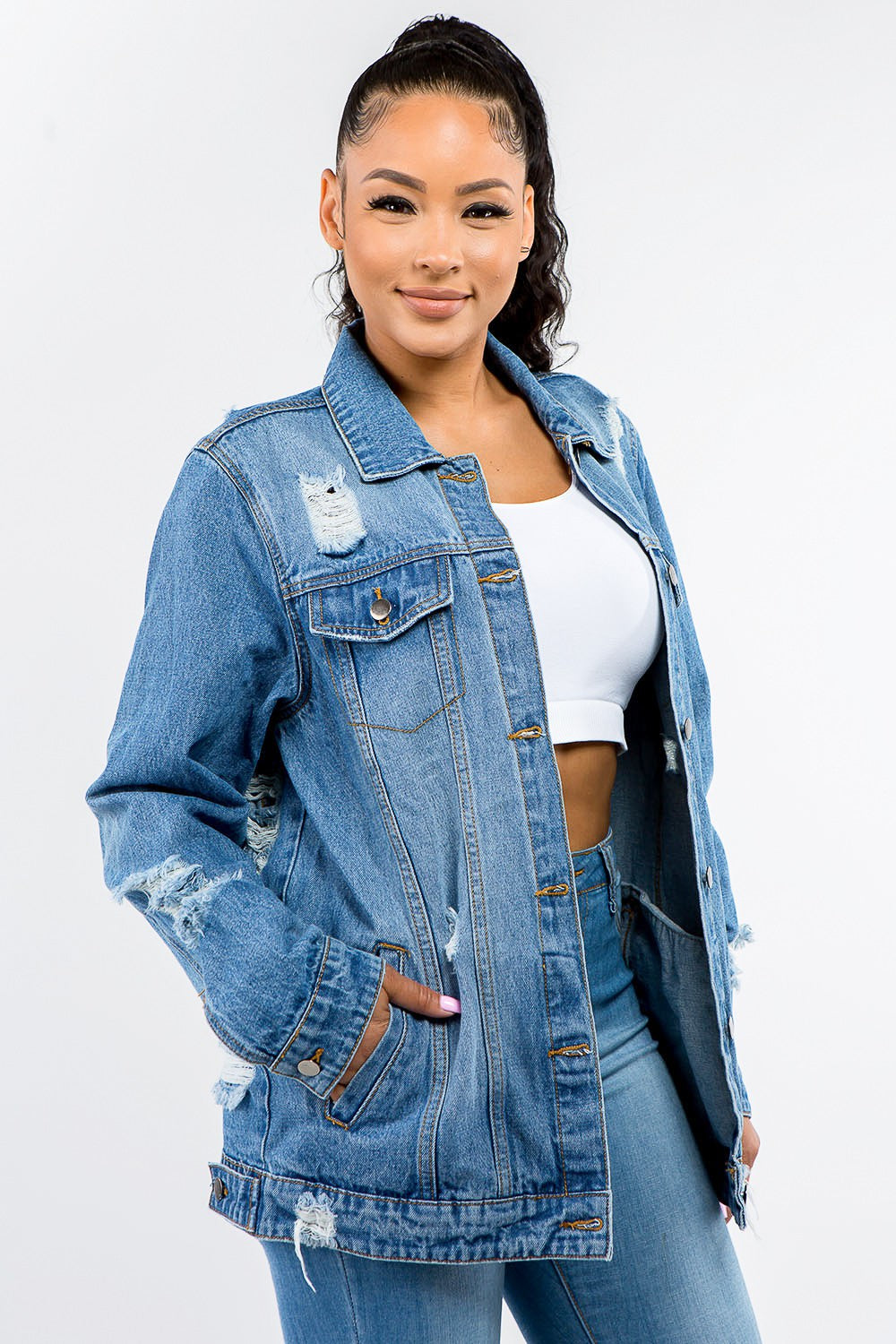 Button Up Distressed Denim Jacket