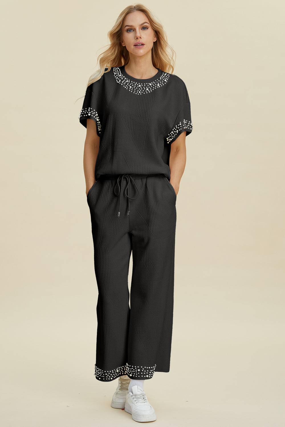 Pearl Detail Round Neck Top and Pants Set - 3 Colors