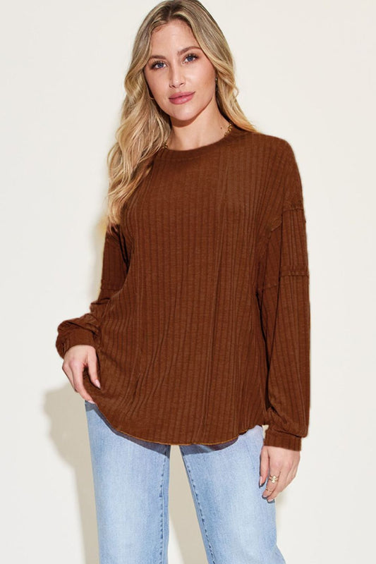 Ribbed Round Neck Long Sleeve T-Shirt - 8 Colors