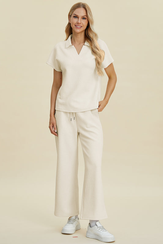 Collared Neck Short Sleeve Top and Pants Set - 2 Colors