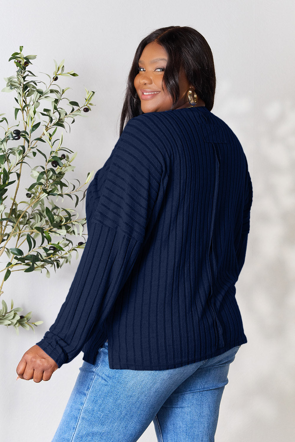 Ribbed Round Neck Slit Knit Top - 5 Colors