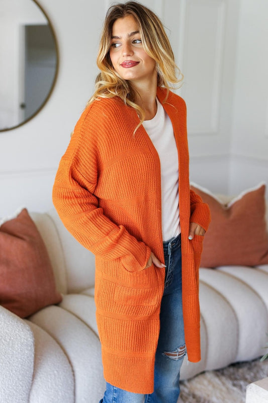 Stripe Textured Open Front Cardigan with Pockets - Rust