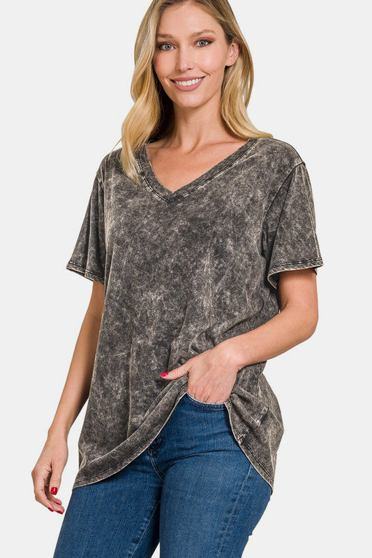 Washed Short Sleeve V-Neck T-Shirt - Gray