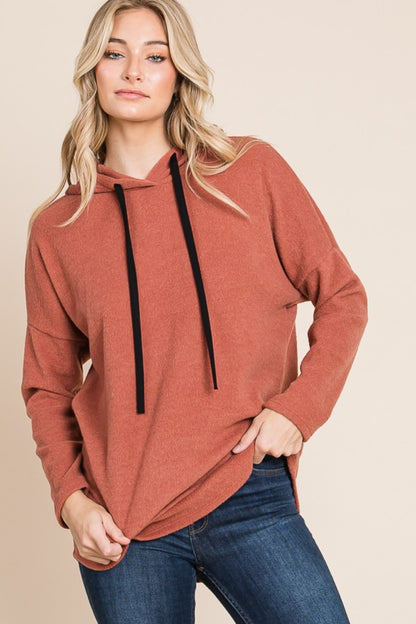 Contrast Drawstring Drop Shoulder Knit Hoodie - Brick