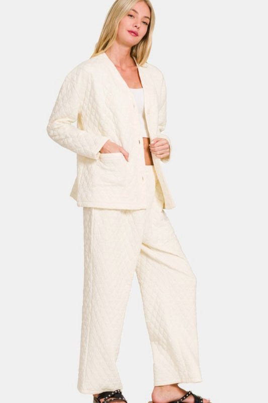 Quilted Button Up Long Sleeve Top and Pants Lounge Set - Beige