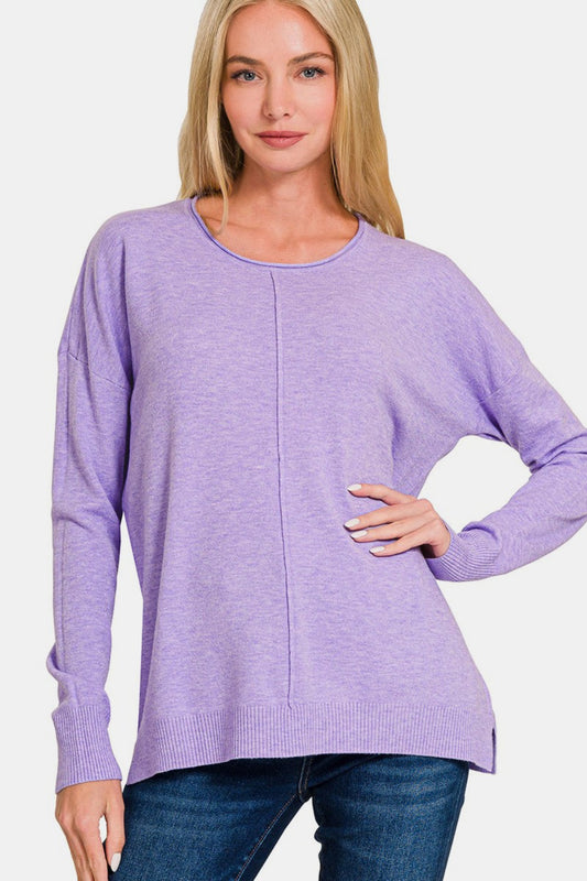 Front Seam Round Neck Sweater - Lavender