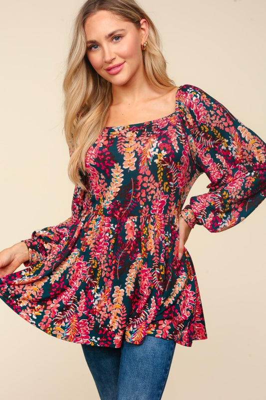 Peplum Floral Square Neck Long Sleeve Blouse - Green/Berry