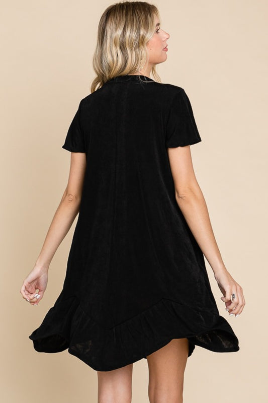 Notched Short Sleeve Black Dress