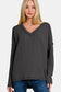 Texture Exposed Seam V-Neck Long Sleeve T-Shirt - Black