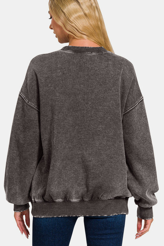 Acid Wash Fleece Long Sleeve Sweatshirt - Ash Black