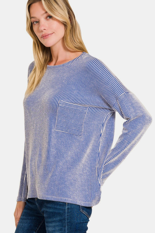 Ribbed Striped Long Sleeve T-Shirt - Blue