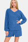 V-Neck Long Sleeve Ribbed Top and Shorts Set - Royal Blue